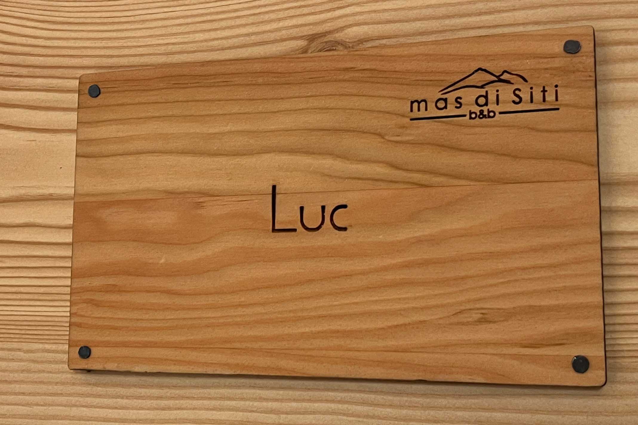 Camera Luc. Cartello ingresso elegante in legno.